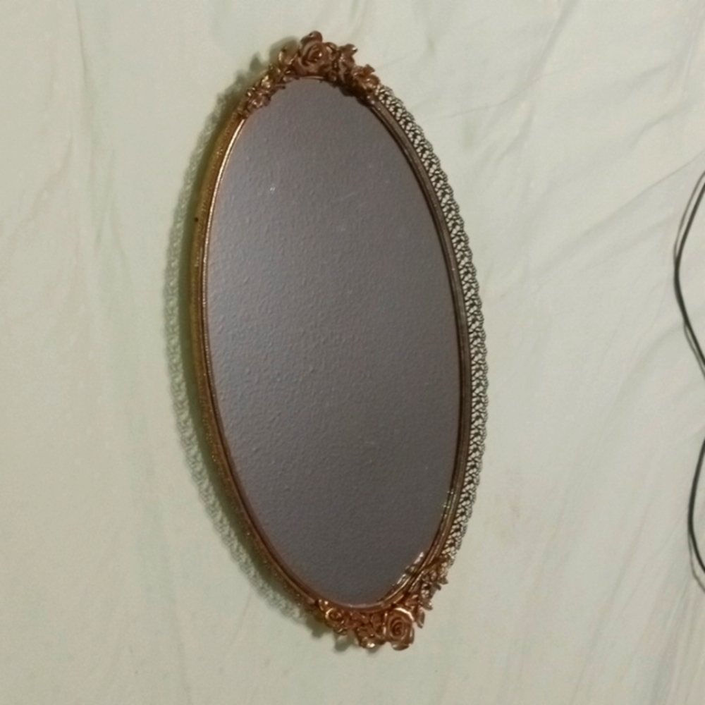 Antique Roses 🌹 Ova gold Mirror Tray lace vintage filigree tray